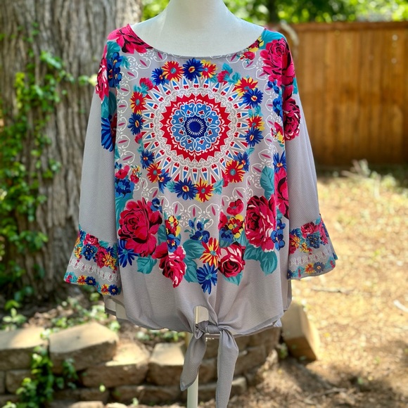 Umgee Tops - Umgee+ High Low Front Tie Bell Sleeve Boho Floral Blouse